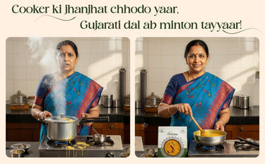 Woman cooking in a kitchen with text in Gujarati