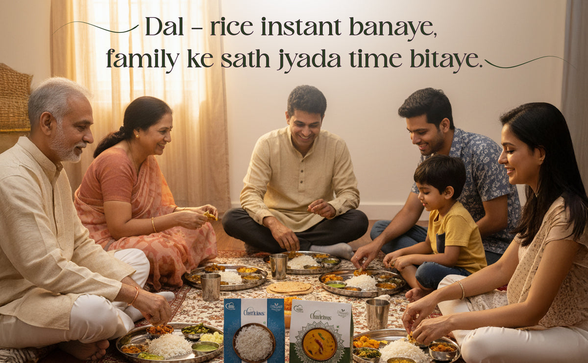 Family sitting together for a meal with text about Dal and rice.
