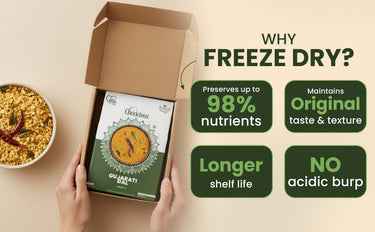 Open box of a food product with text highlighting freeze-drying benefits on a beige background