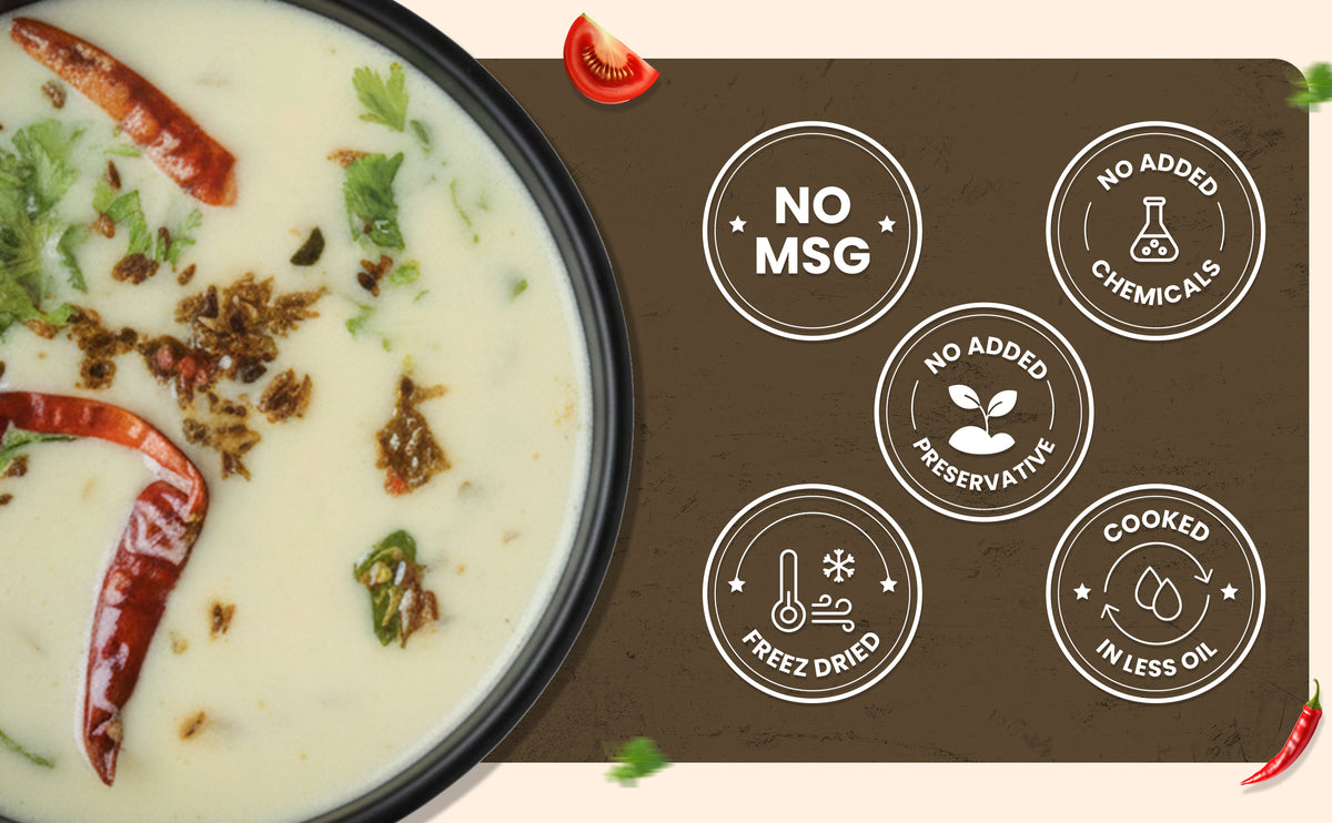 Dish with spices and a label indicating no MSG, no added chemicals, and other health benefits on a brown background.