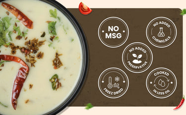 Dish with spices and a label indicating no MSG, no added chemicals, and other health benefits on a brown background.