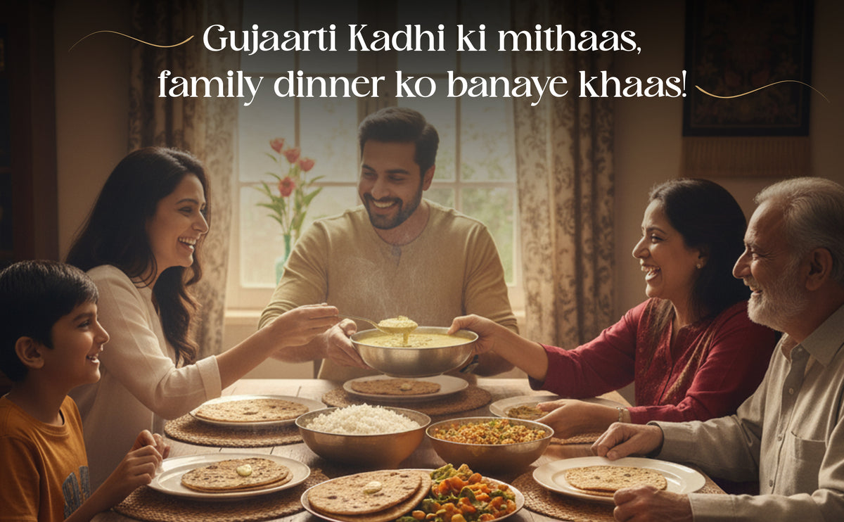 Family gathered around a dining table for a meal, with text overlay.