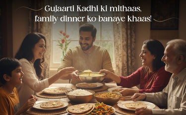 Family gathered around a dining table for a meal, with text overlay.