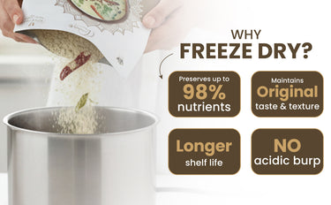 Freeze-dried food being poured into a pot with benefits listed on the right.