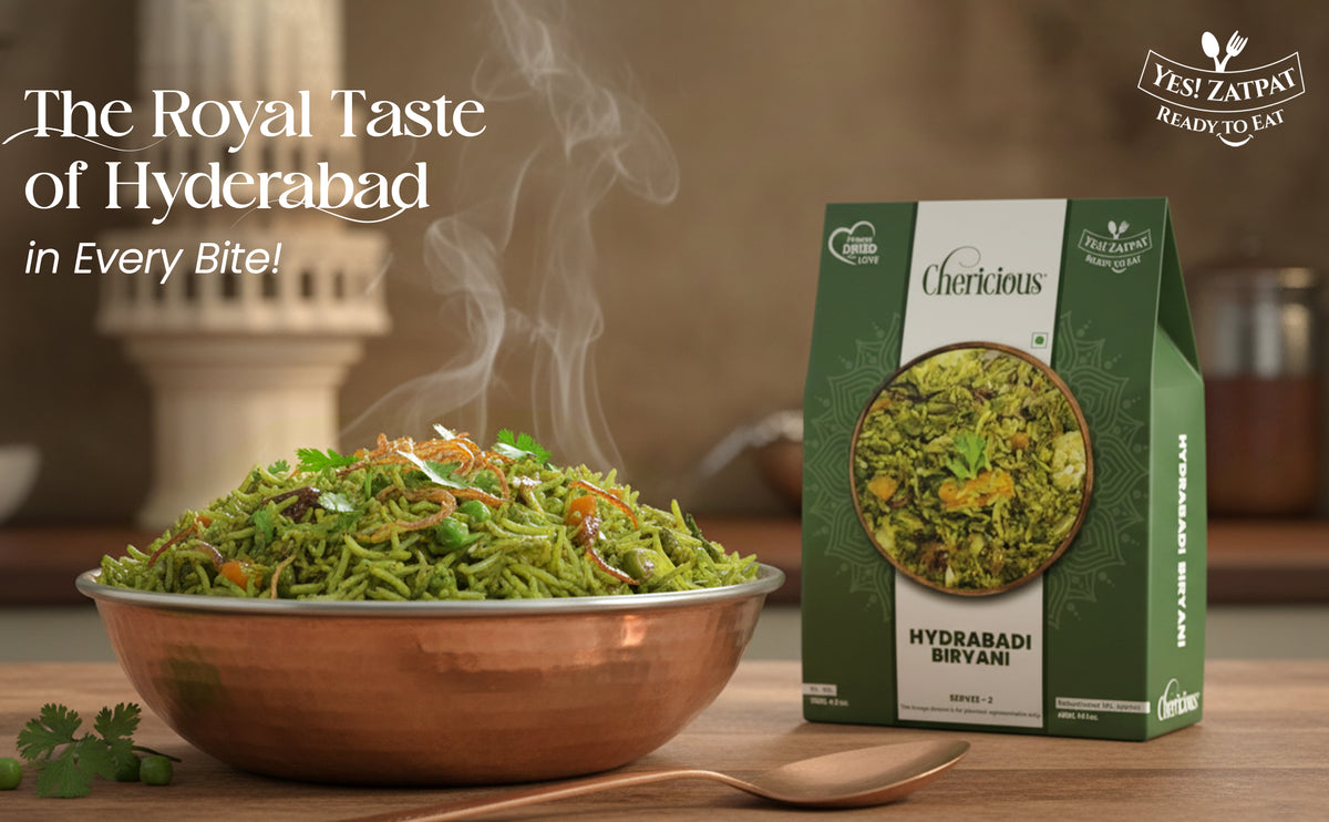 Bowl of green dish with steaming effect and 'Cherlicious' packaging on a wooden surface.