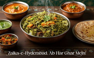 Assorted Indian dishes including green rice, dal, and naan on a wooden table with a decorative background.