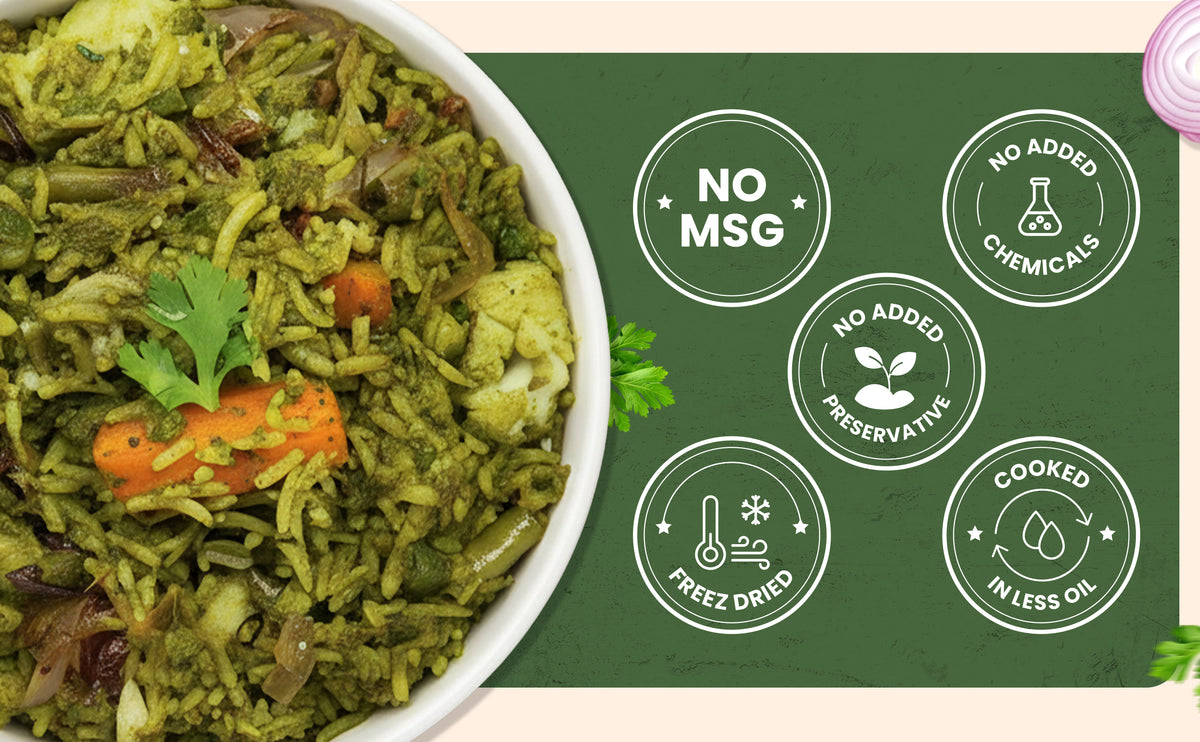 Green rice dish with vegetables in a white bowl on a green background with health benefits text.