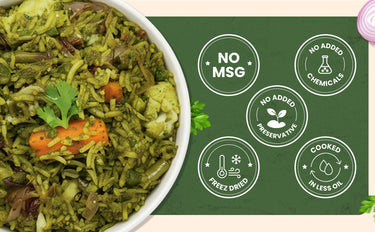 Green rice dish with vegetables in a white bowl on a green background with health benefits text.