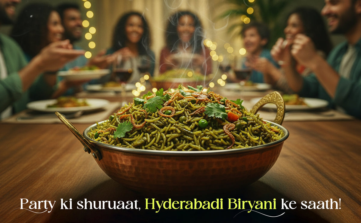 Bowl of Hyderabadi Biryani on a table with people in the background