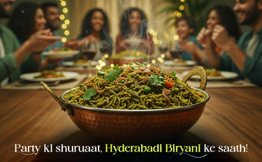 Bowl of Hyderabadi Biryani on a table with people in the background
