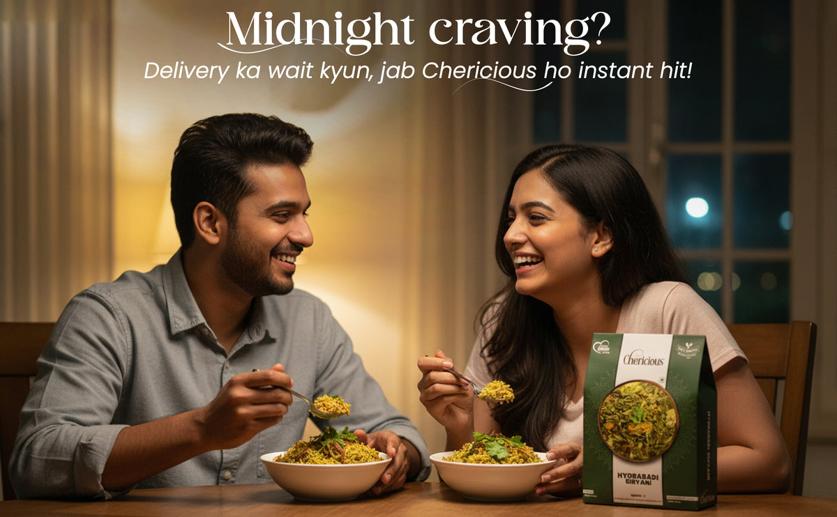 Man and woman enjoying a meal together with a box of 'Chericious' food product.