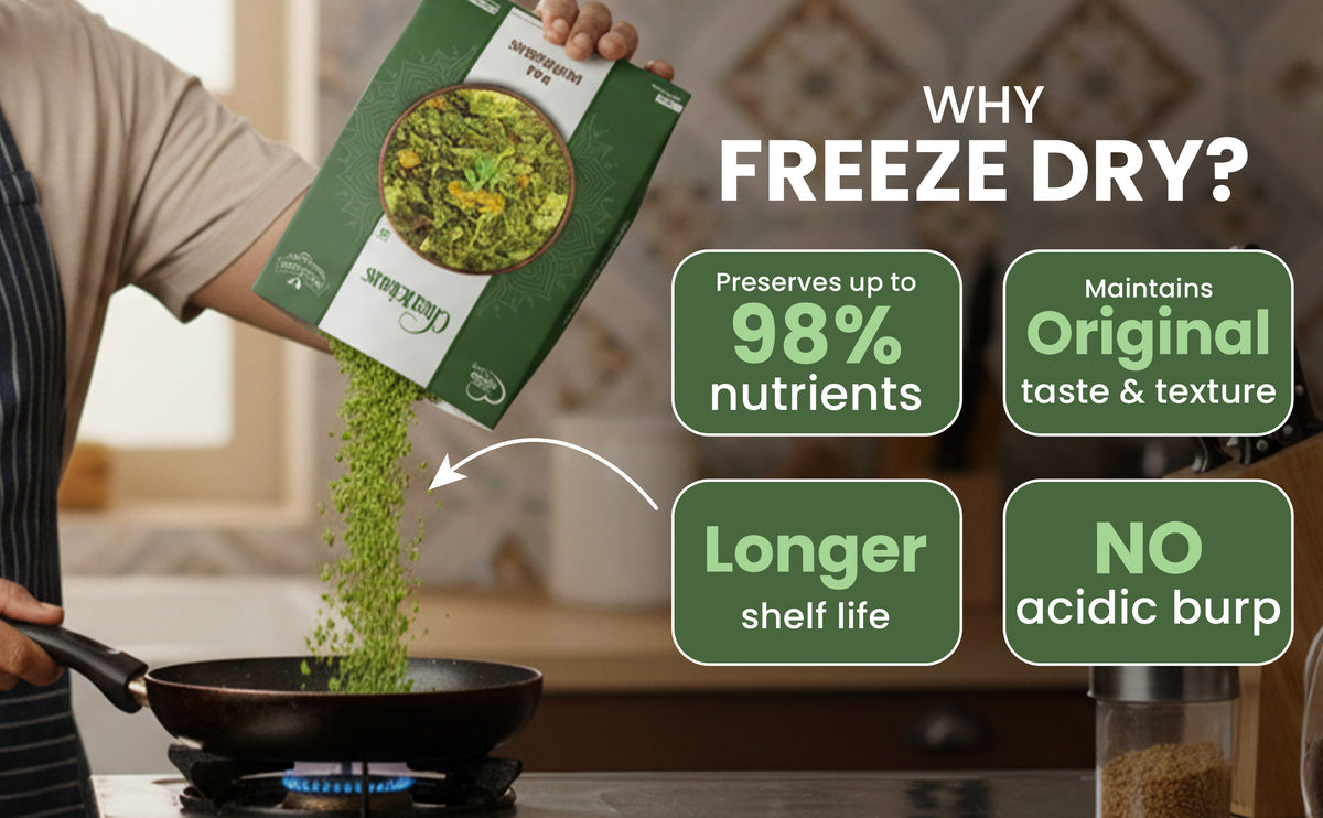 Person pouring freeze-dried greens into a pan with text highlighting benefits of freeze-drying.