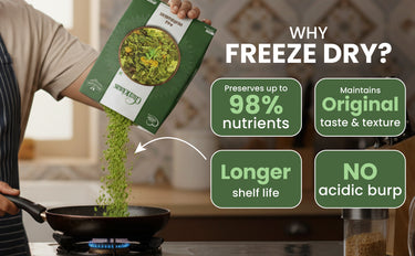 Person pouring freeze-dried greens into a pan with text highlighting benefits of freeze-drying.