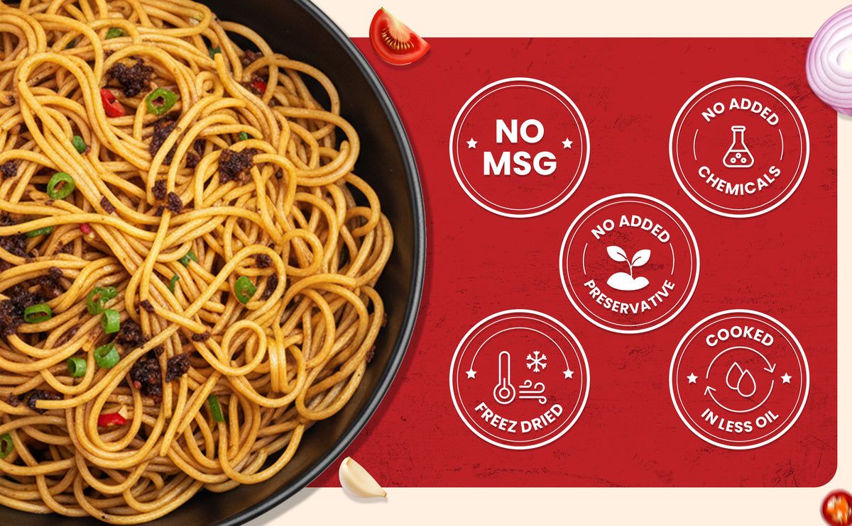 Spaghetti dish with a red label indicating no MSG, no added chemicals, no added preservatives, cooked in less oil, and freeze-dried.