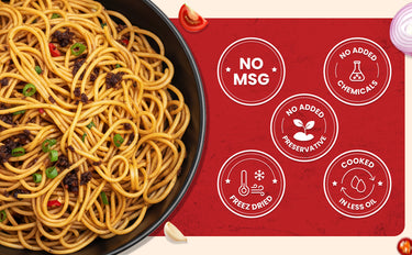 Spaghetti dish with a red label indicating no MSG, no added chemicals, no added preservatives, cooked in less oil, and freeze-dried.