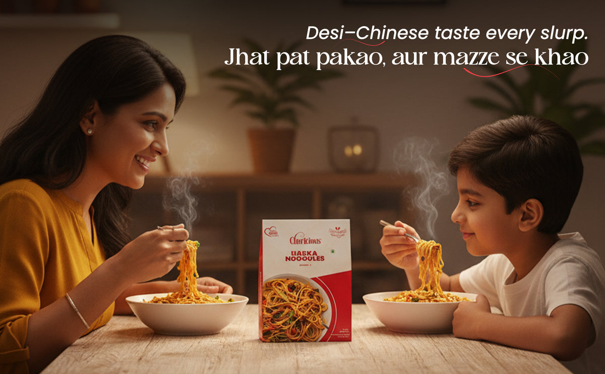 Woman and child eating noodles with a box of 'Noodles' in the foreground.