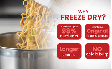 Freeze-dried noodles being added to a pot with freeze drying benefits displayed.