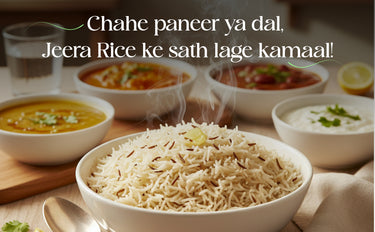 Bowl of jeera rice with other dishes on a table, text overlay in Hindi.