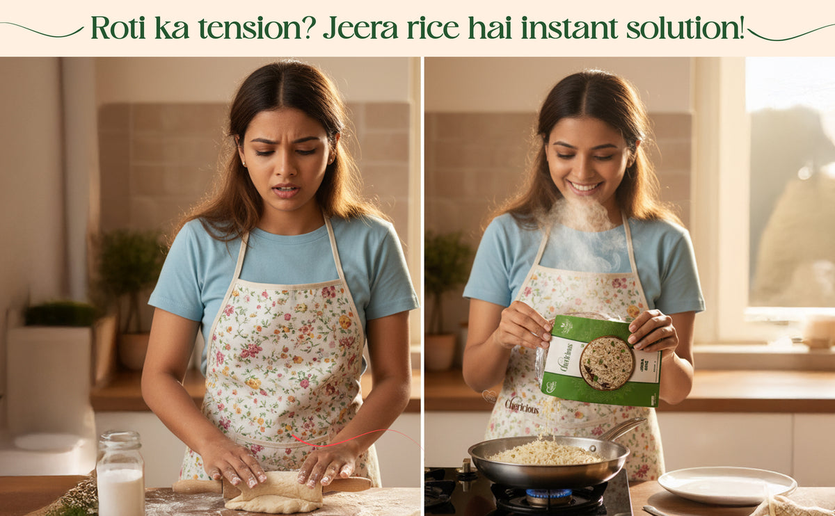 Woman in a kitchen preparing food with a jar of Carrefour jeera rice.