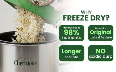 Freeze-dried food being added to a container with benefits listed on a white background.