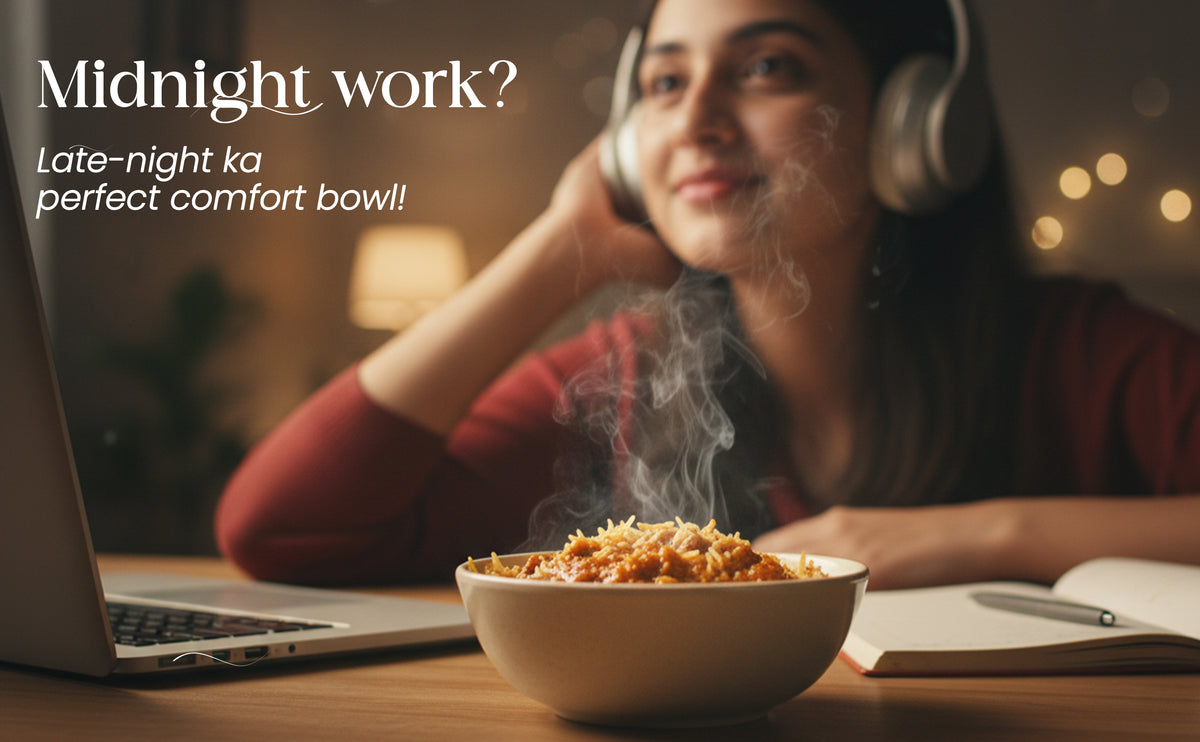 Person wearing headphones, using a laptop with a bowl of food in front of them, text 'Midnight work? Late-night ka perfect comfort bowl!'.