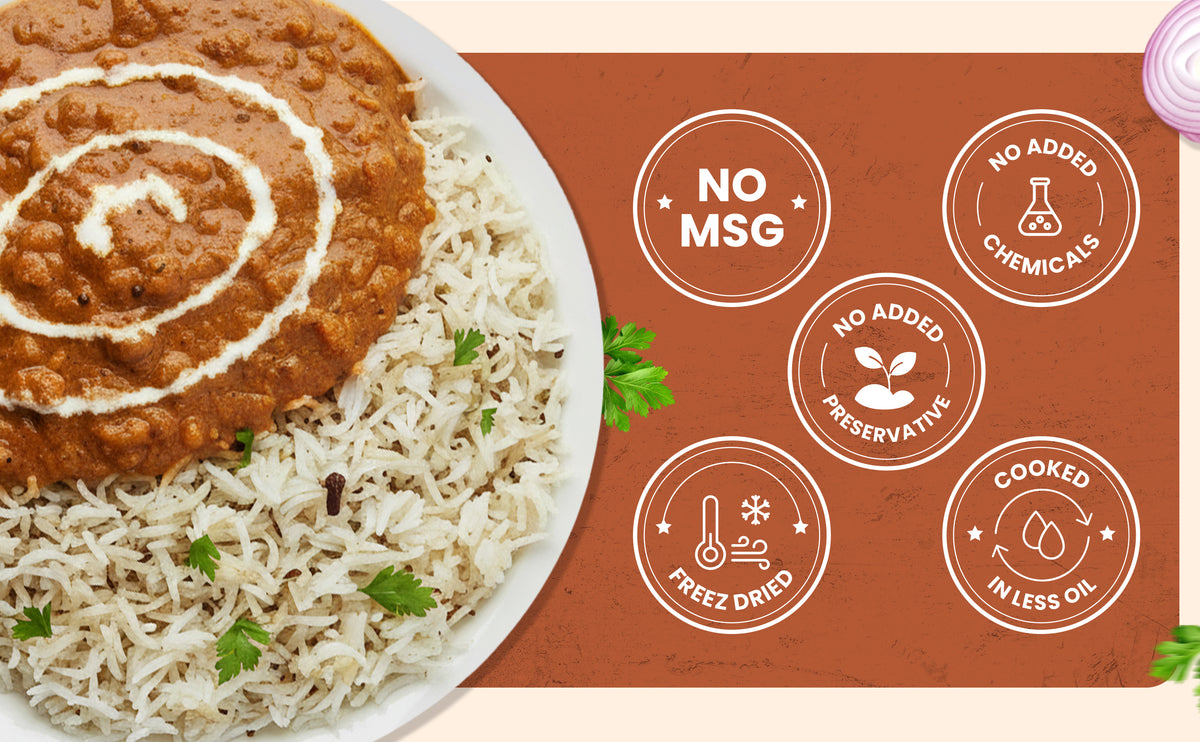 Dish of rice with curry and a brown background with health claims.