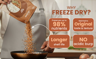 Person pouring freeze-dried food into a bowl with text highlighting benefits of freeze drying.