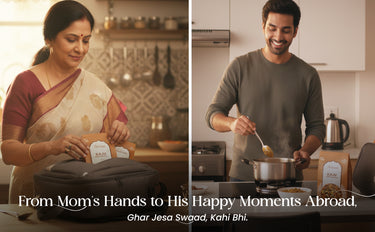 Two people cooking in a kitchen with text about home-cooked meals.