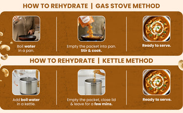 Instructions on how to rehydrate using a gas stove and kettle method on a brown background.