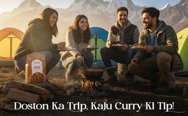 Group of people camping with a fire, enjoying food, and a box of Kaju Curry in the foreground.
