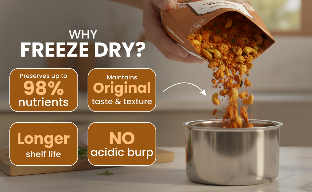 Freeze-dried food being poured into a container with text highlighting benefits