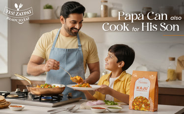Man and child cooking together in a kitchen with Kaju packaging displayed.