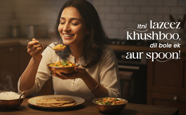 Woman enjoying a meal with text overlay in a kitchen setting