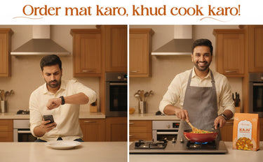 Man using phone, then cooking in a kitchen with text 'Order mat karo, khud cook karo'.