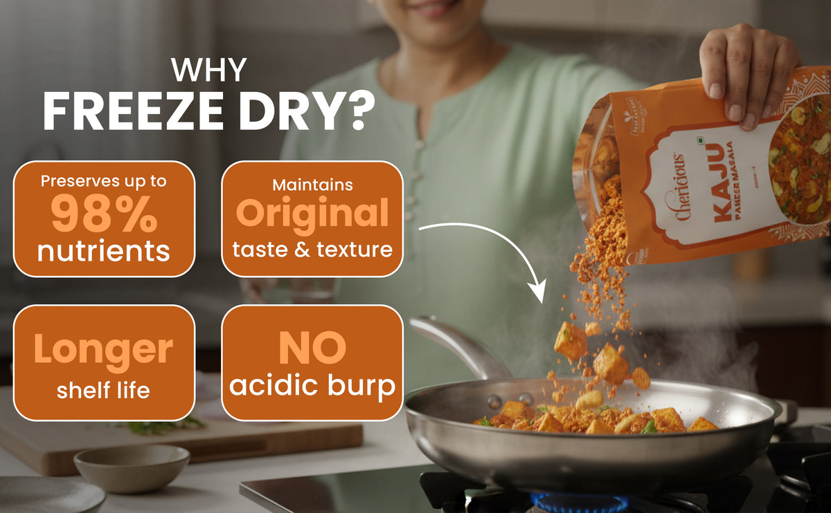 Person pouring freeze-dried food into a pan with promotional text about freeze-drying benefits.