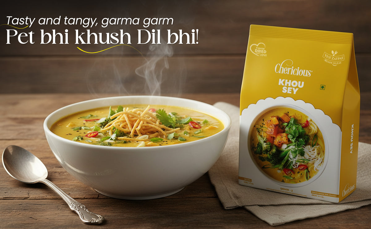 Bowl of soup with a yellow package labeled 'Khoya' on a wooden surface.
