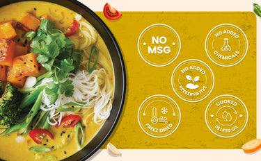 Noodle dish with vegetables on a yellow background with health claims