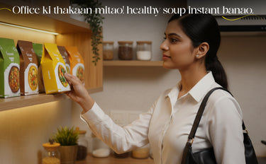 Woman selecting a box of instant soup from a shelf in a store.