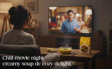 Person watching TV with a bowl of soup and a package on a table, text 'Chill movie night, creamy soup de cozy delight'.