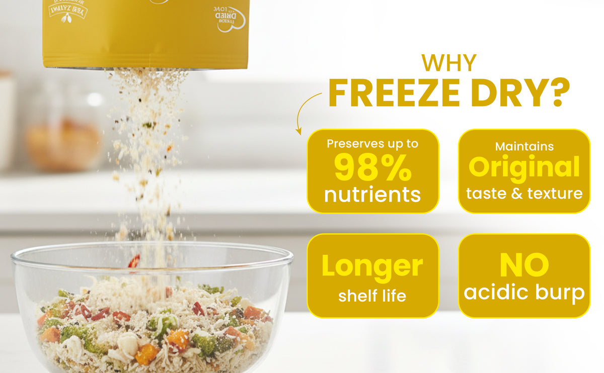 Freeze-dried food being poured into a bowl with text highlighting benefits on a white background.
