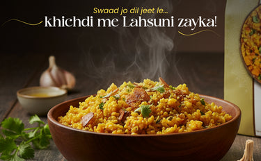 Bowl of khichdi with text overlay on a dark background