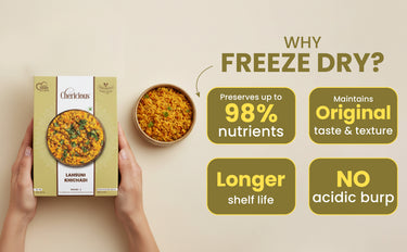 Product packaging with freeze-dried food and promotional text on a beige background