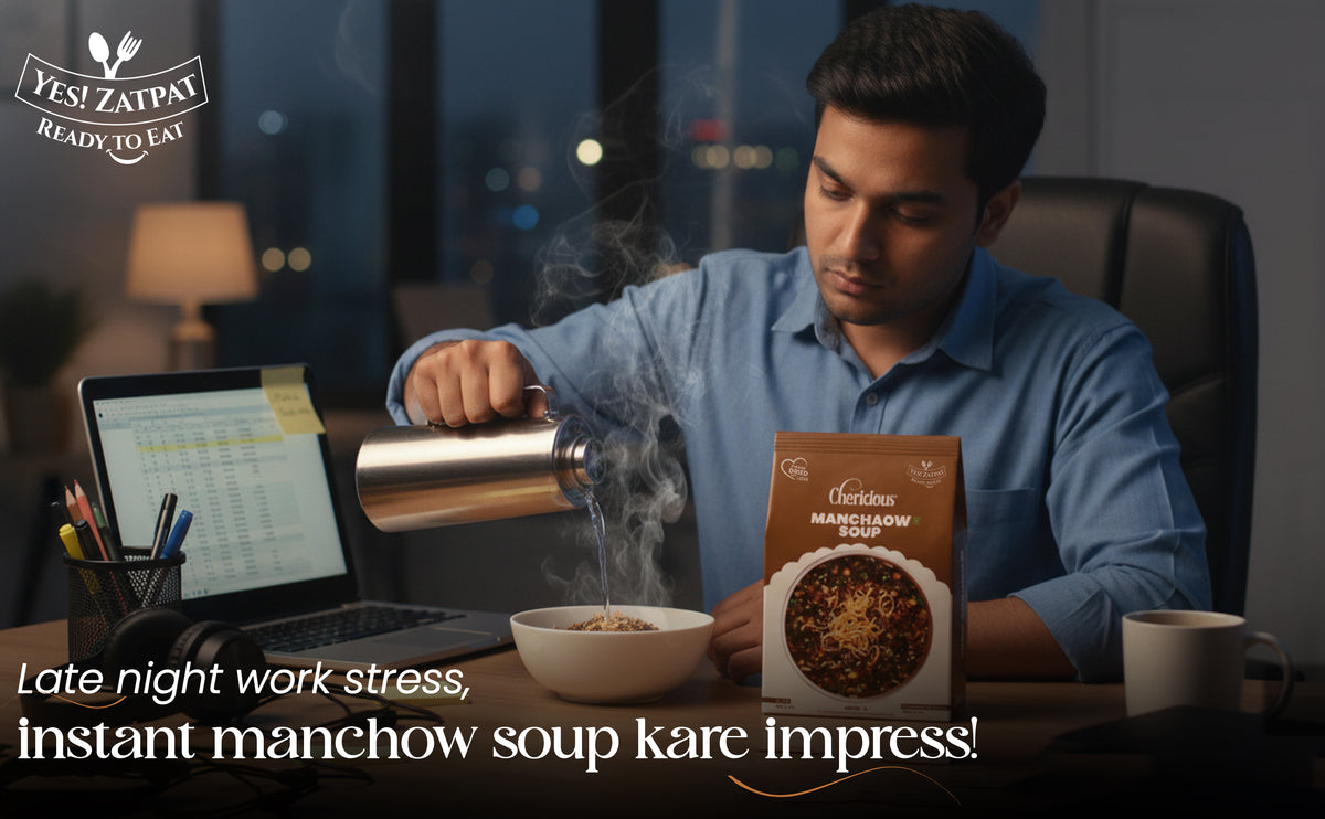 Man preparing instant manchow soup at a desk with a laptop and office supplies.