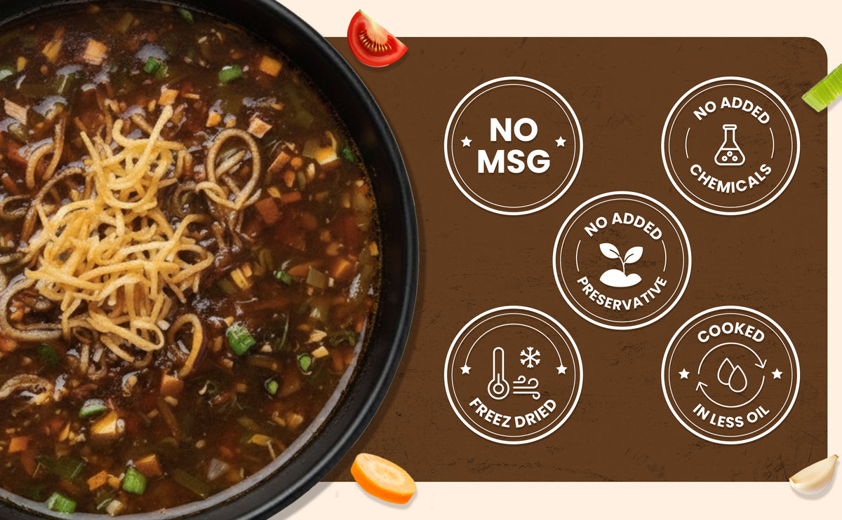 Noodle dish with a brown label indicating no MSG, no added chemicals, no added preservatives, cooked in less oil, and freeze-dried.