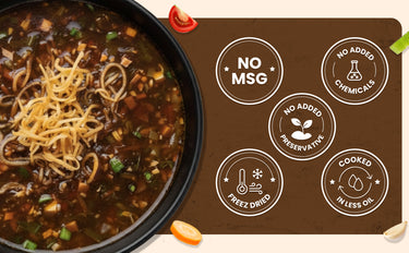 Noodle dish with a brown label indicating no MSG, no added chemicals, no added preservatives, cooked in less oil, and freeze-dried.