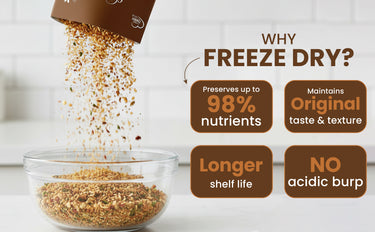 Freeze dryer dispensing food into a bowl with text highlighting benefits on a light background
