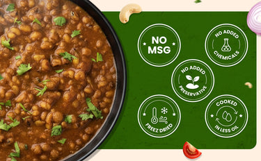 Mature bean dish with green garnish on a black bowl, featuring health benefits on a green label.