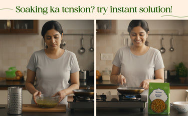 Woman preparing food in a kitchen with a green box of gluten-free products.