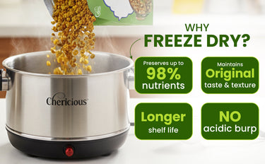 Chericious freeze dryer with food being added, featuring text about freeze drying benefits.