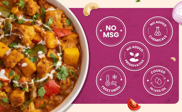 Colorful dish with text indicating no MSG, no added chemicals, no added preservatives, cooked in less oil on a purple background.